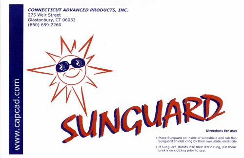 Illustrated sun wearing sunglasses next to the word "Sunguard" in bold letters. Contact information for Connecticut Advanced Products, Inc. is at the top, with a website link on the left. Instructions for use are below.